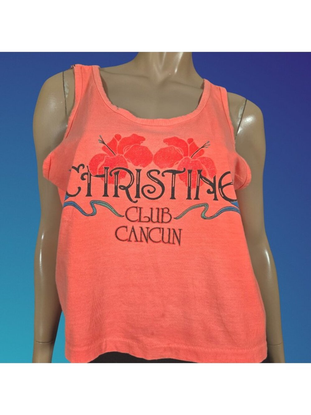Vintage 80s 90s Neon Tank CHRISTINE Cancun Boxy Coral Glitter One Size Cotton